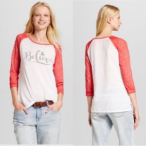 NWT Believe Holiday Raglan ¾ Sleeve Graphic Xmas Christmas Tee XL